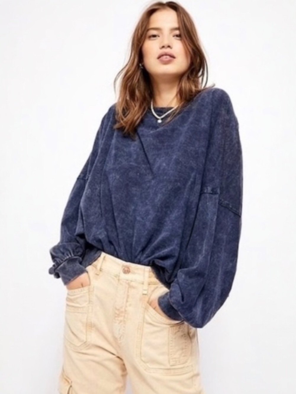Free People We The Free Washed Navy Blue Pullover Slouchy Boho Cozy XS